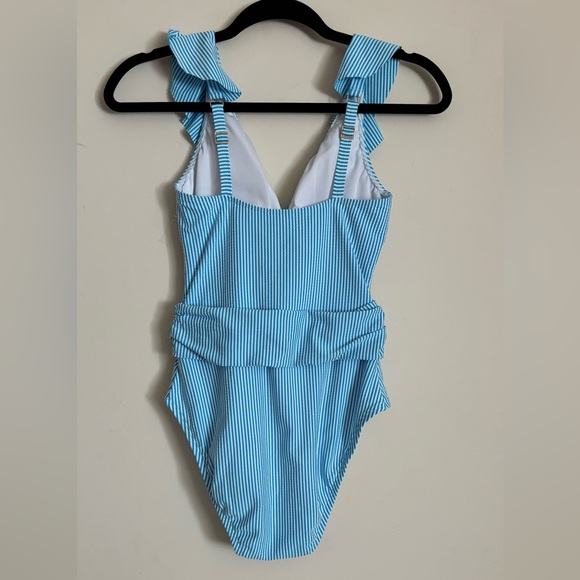 Lilly Pulitzer Light Blue Stripe Ruffle Swimsuit - Picture 2 of 8